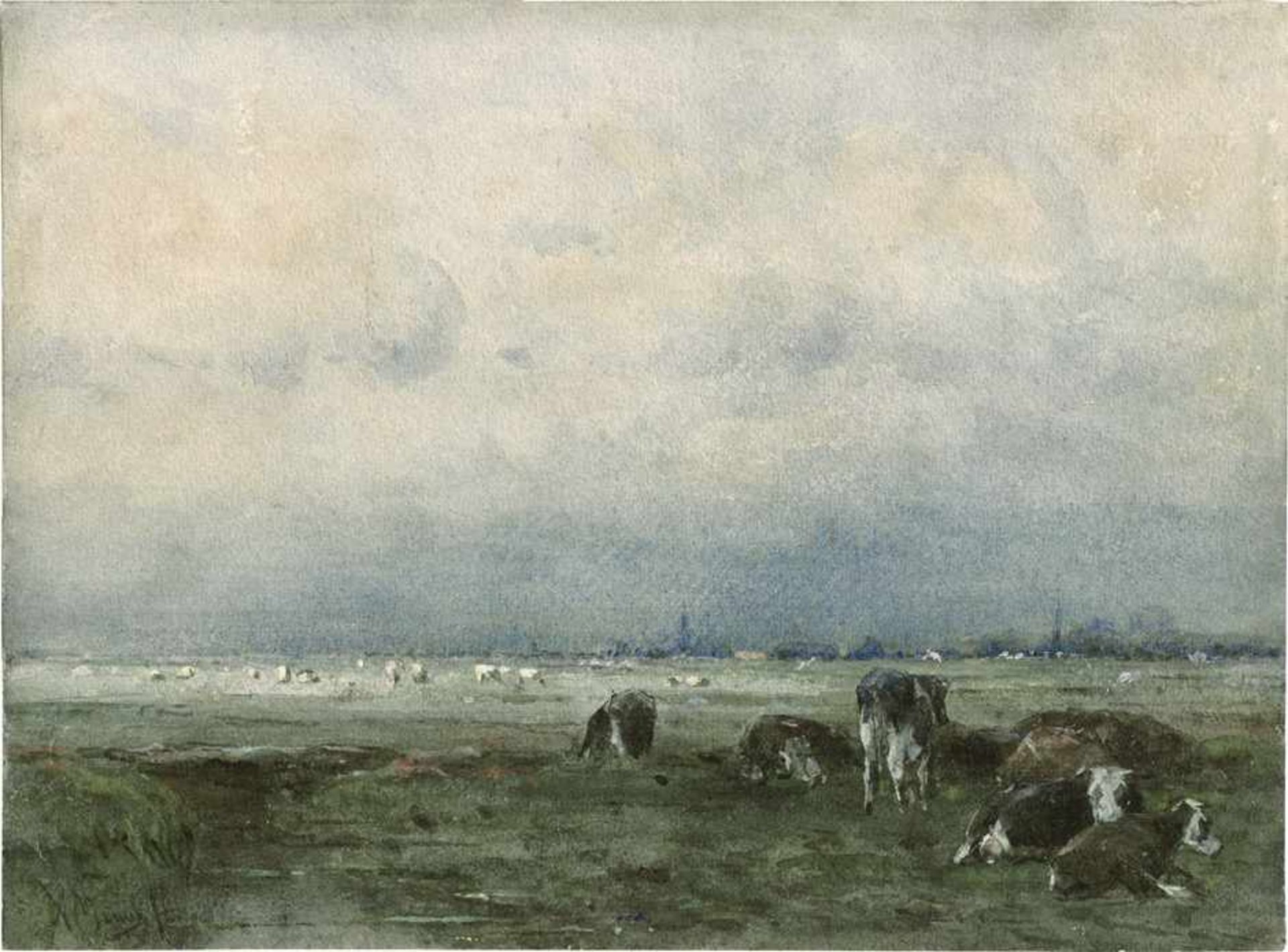 Mauve, Anton: Holländische Polderlandschaft mit Kühen, am Horizont eine StadtHolländische