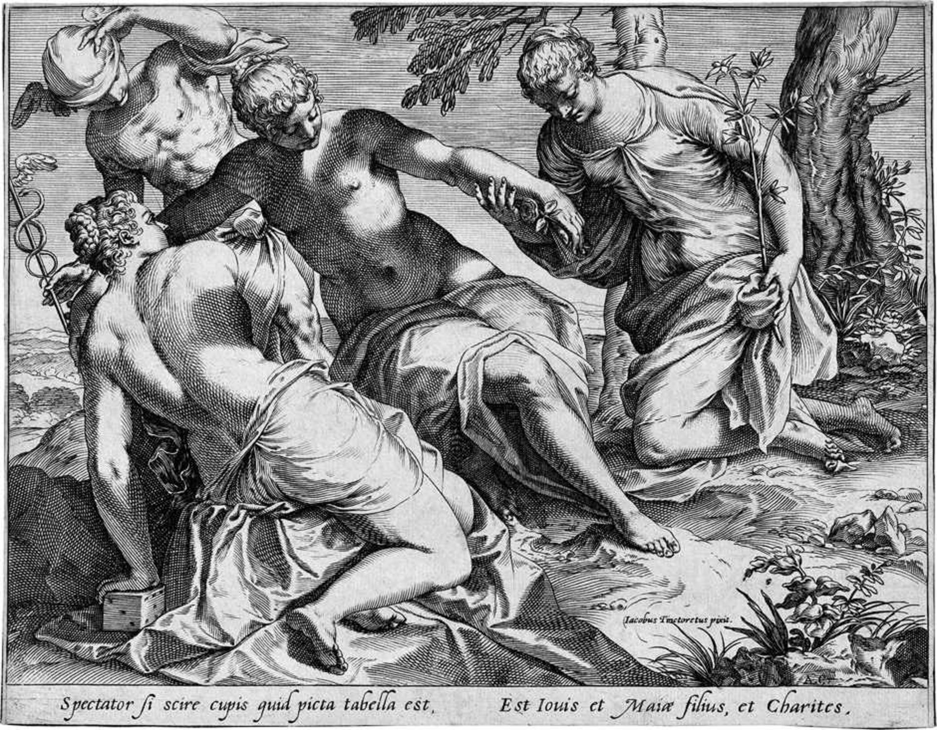 Carracci, Agostino: Merkur und die drei GrazienMerkur und die drei Grazien. Kupferstich nach