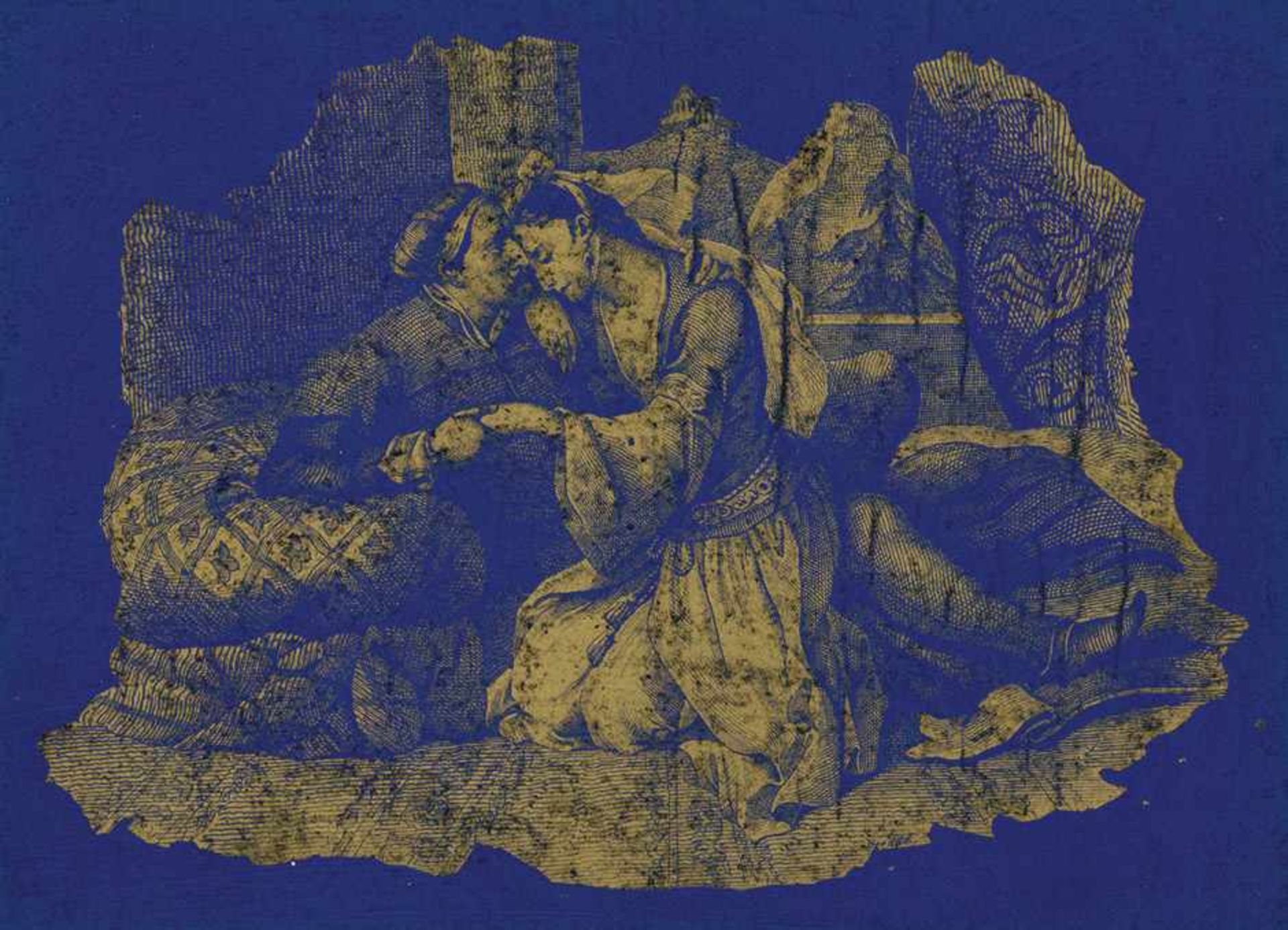 Berndt, F.: Orientalisches LiebespaarOrientalisches Liebespaar. Federlithographie in Gold auf blauem