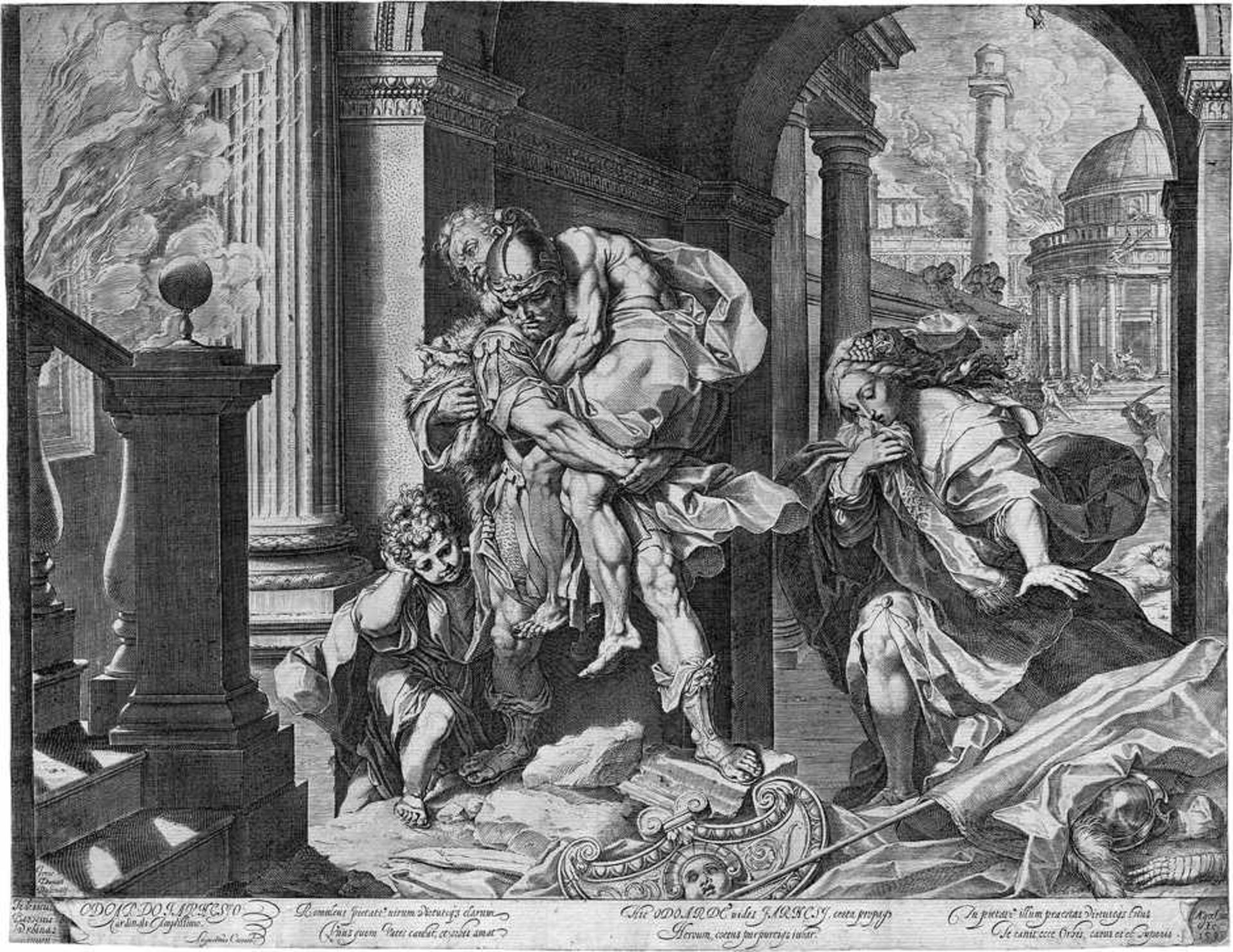 Carracci, Agostino: Aeneas rettet AnchisesAeneas rettet Anchises. Kupferstich nach Federico Barocci.