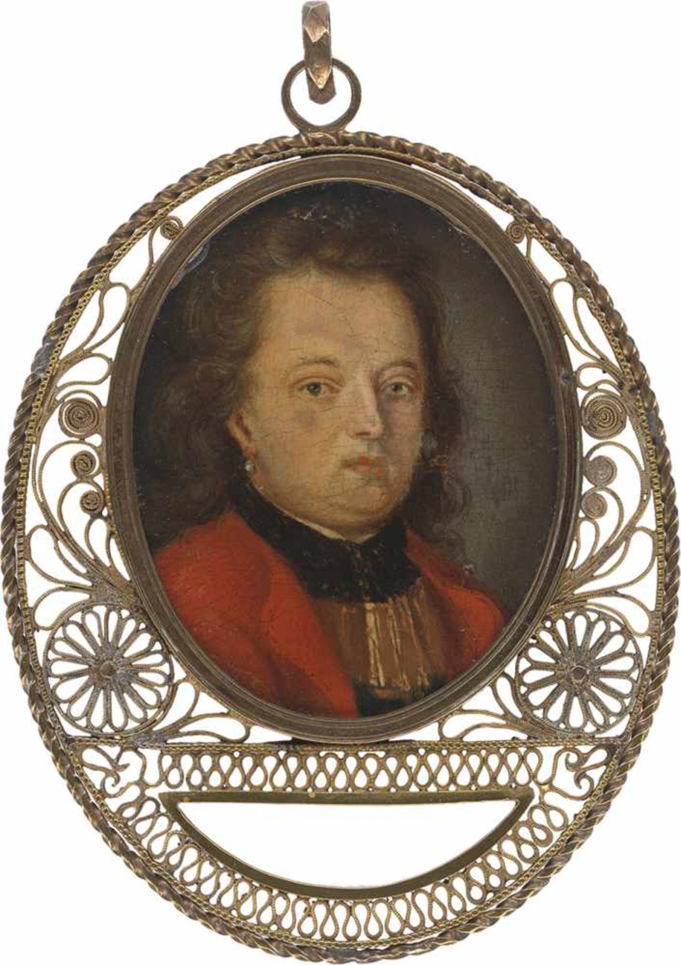 Kontinentaleuropäisch: um 1720. Bildnis eines Mannes in roter Jacke mit schwarz-goldener Halsbindeum