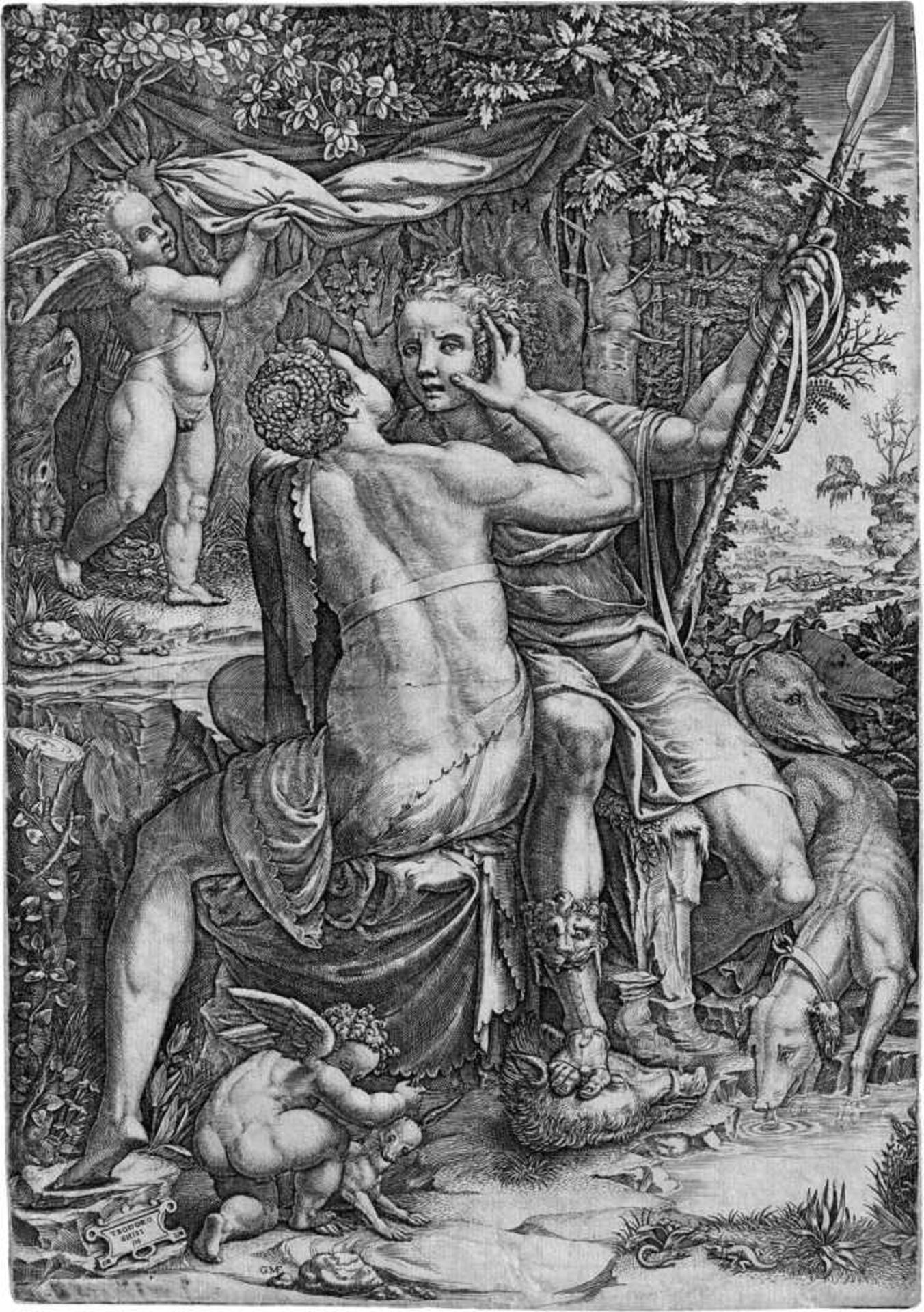 Ghisi, Giorgio: Venus und AdonisVenus und Adonis. Kupferstich, nach Teodoro Ghisi. 31,9 x 22,5 cm.