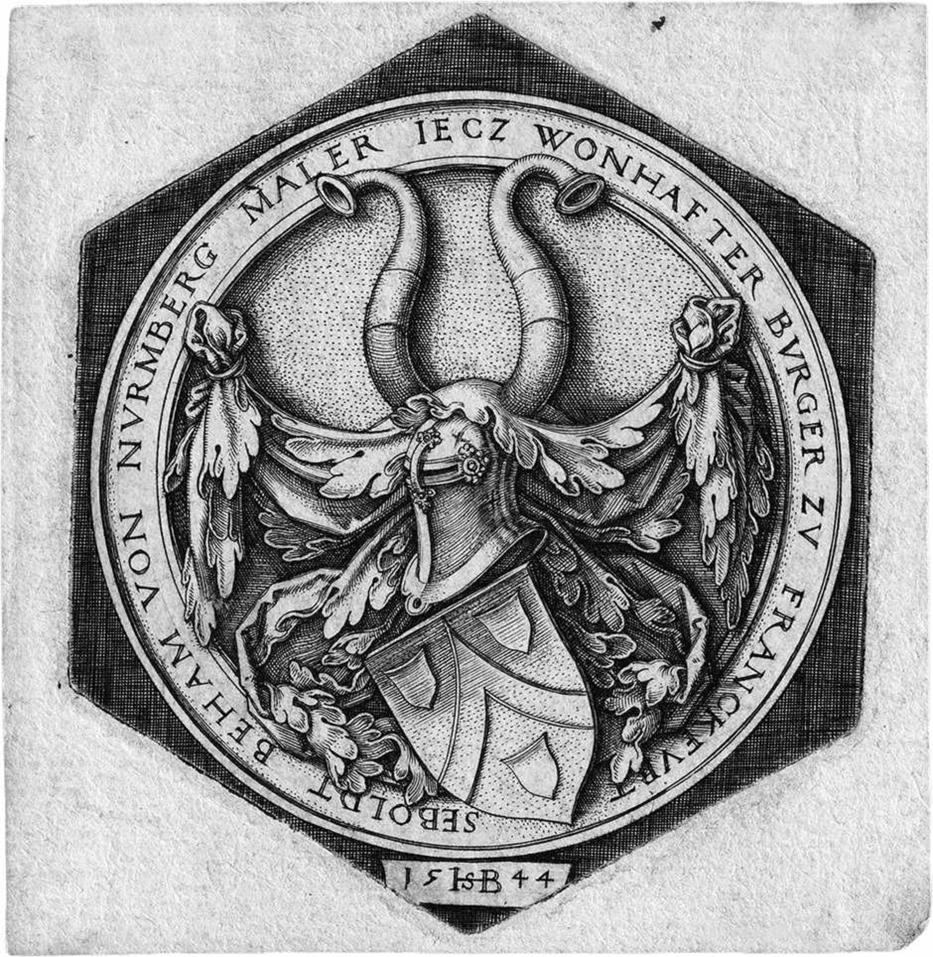 Beham, Hans Sebald: Das Wappen BehamsDas Wappen Behams. Kupferstich im Oktogon. 6,2 x 5,8 cm. (