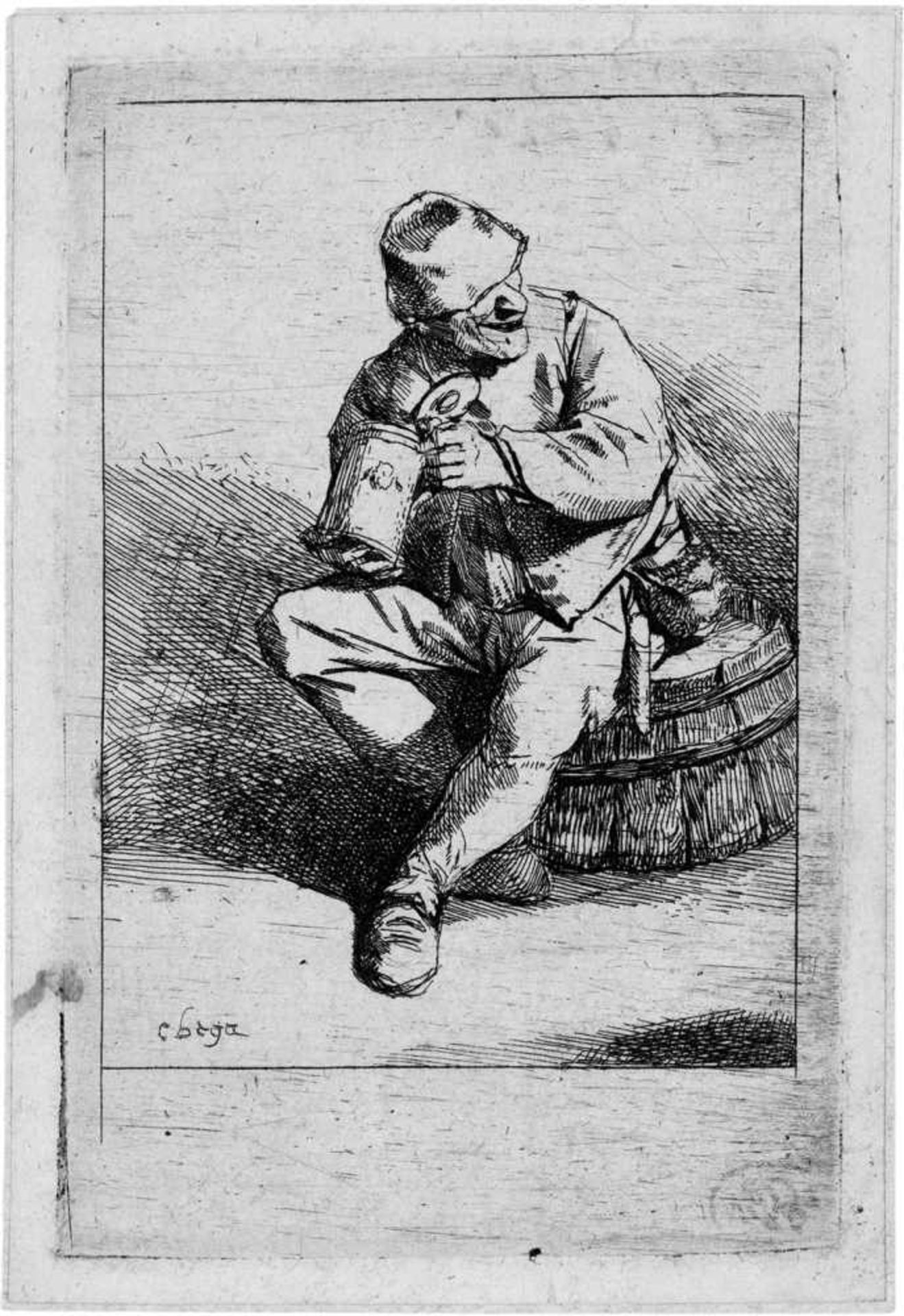 Bega, Cornelis: Der TrinkerDer Trinker. Radierung. 10,3 x 6,6 cm. B. 16, Dutuit 16, Hollstein 16