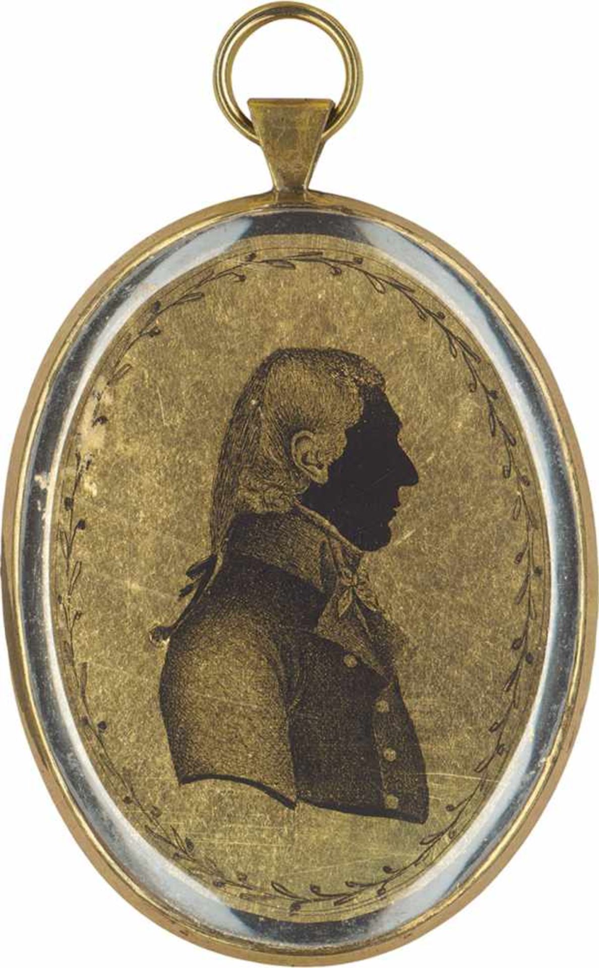 Deutsch: um 1795/1800. Goldéglomisé-Silhouette: Profilbildnis eines Mannes nach rechts, rückseitig