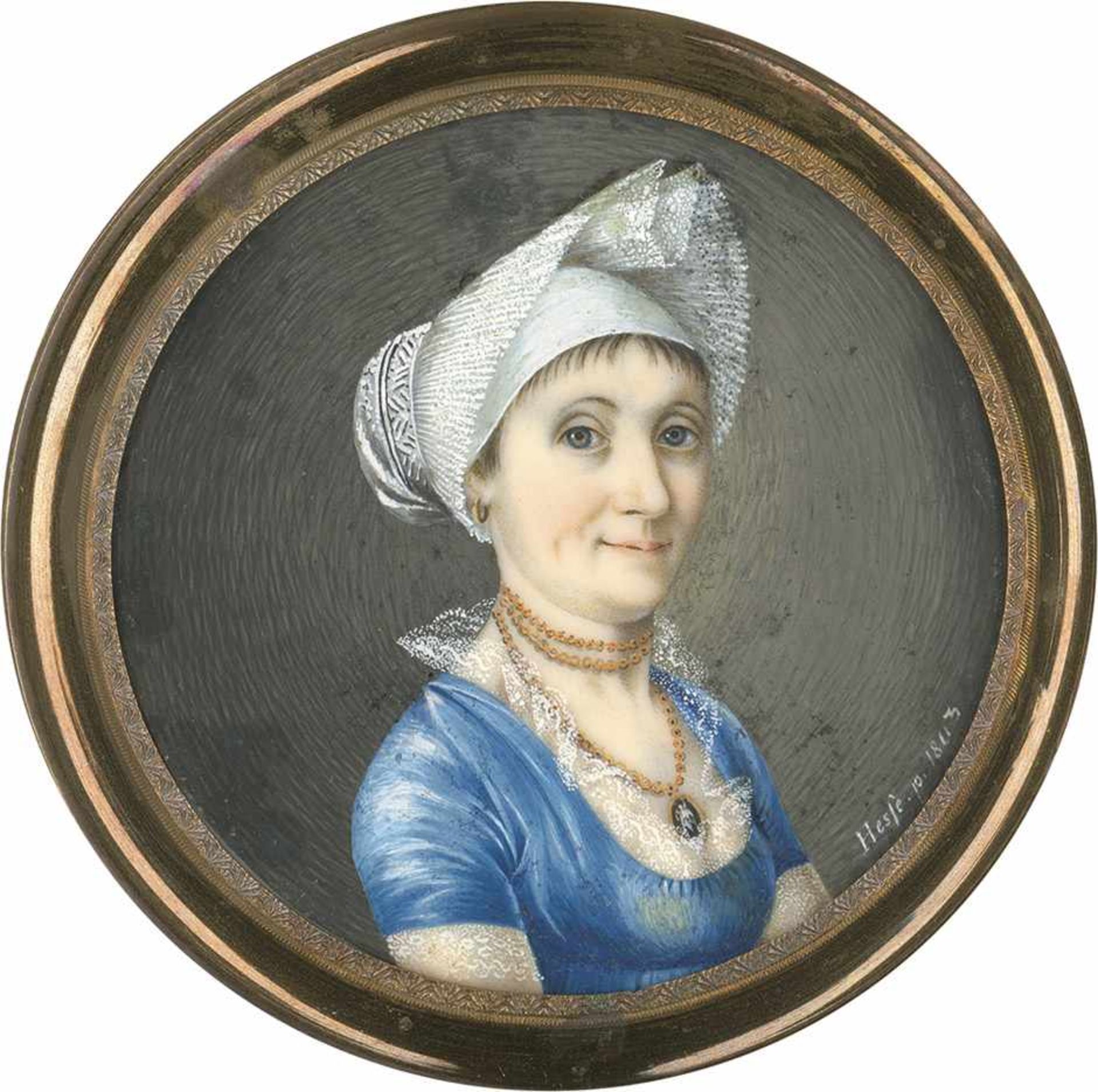 Hesse, Daniel: Bildnis einer jungen Frau mit weißer Haube, in blauem Kleid, plus PlaketteBildnis