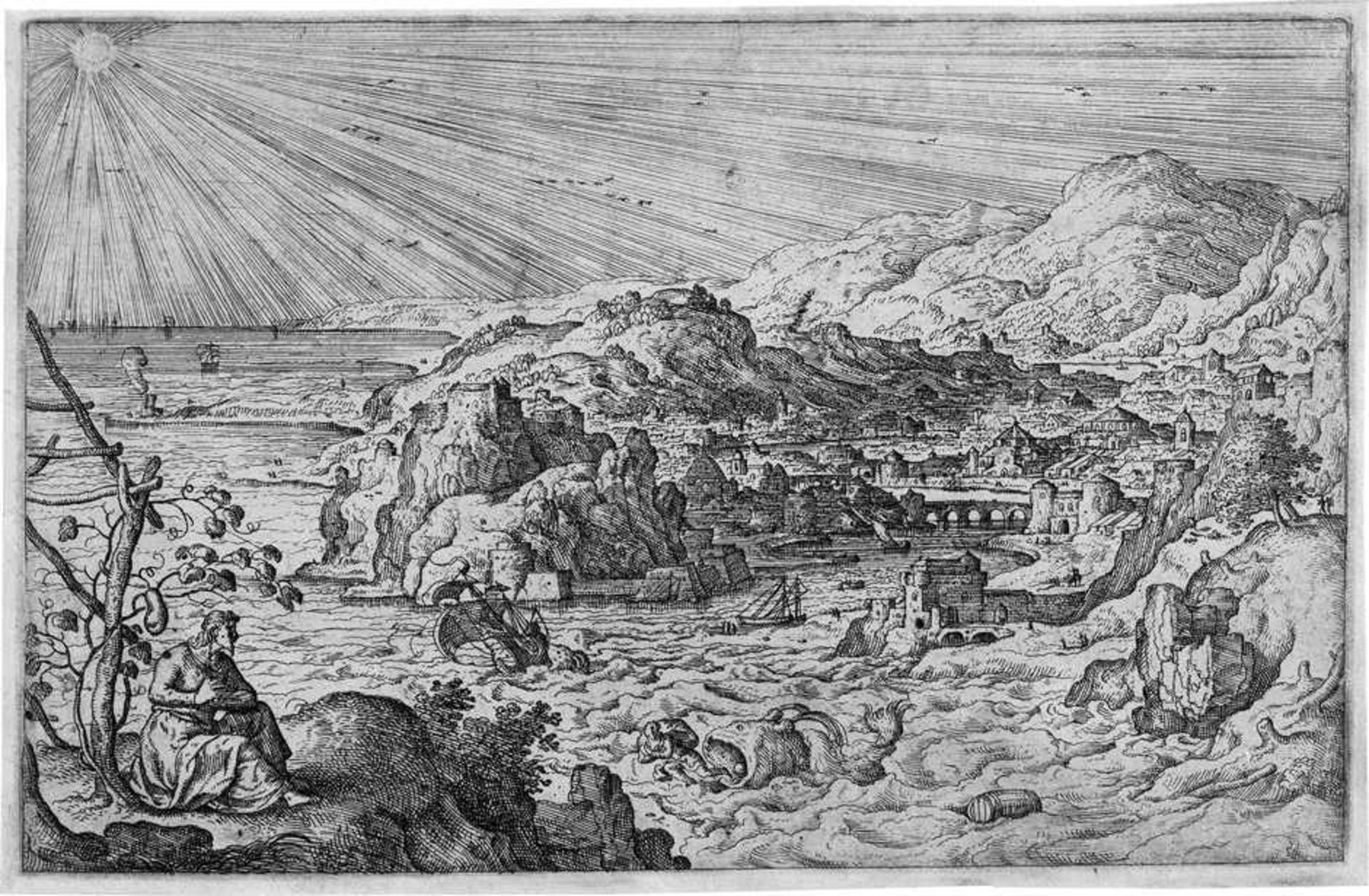 Bol, Hans: Jonah und der WalJonah unter der Kalebasse (Jonah und der Wal). Radierung. 11,9 x 18,4