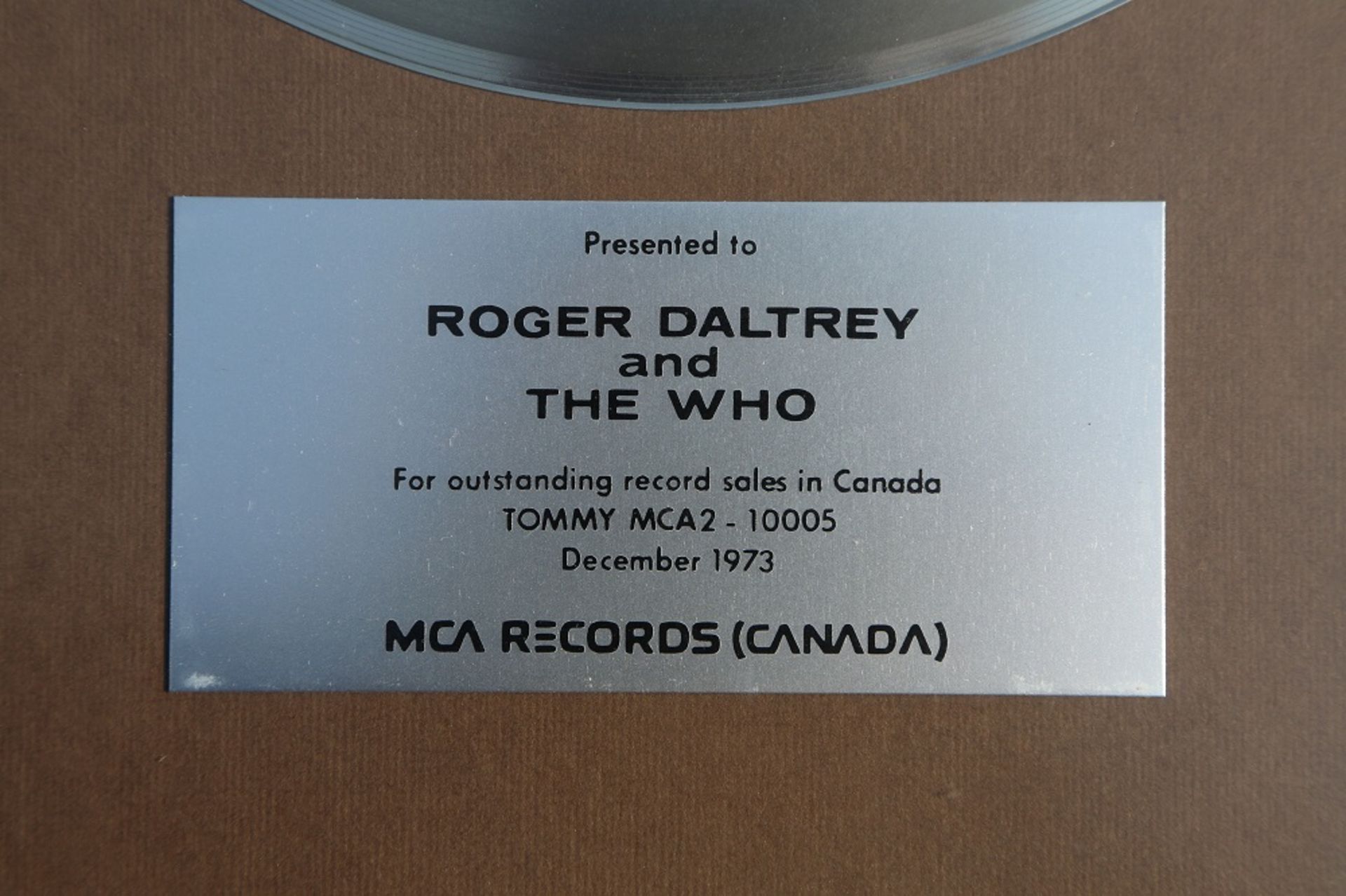 The Who: Original Presentation Platinum Disc for Legendary 1960's Rock Opera "Tommy" - Image 2 of 2