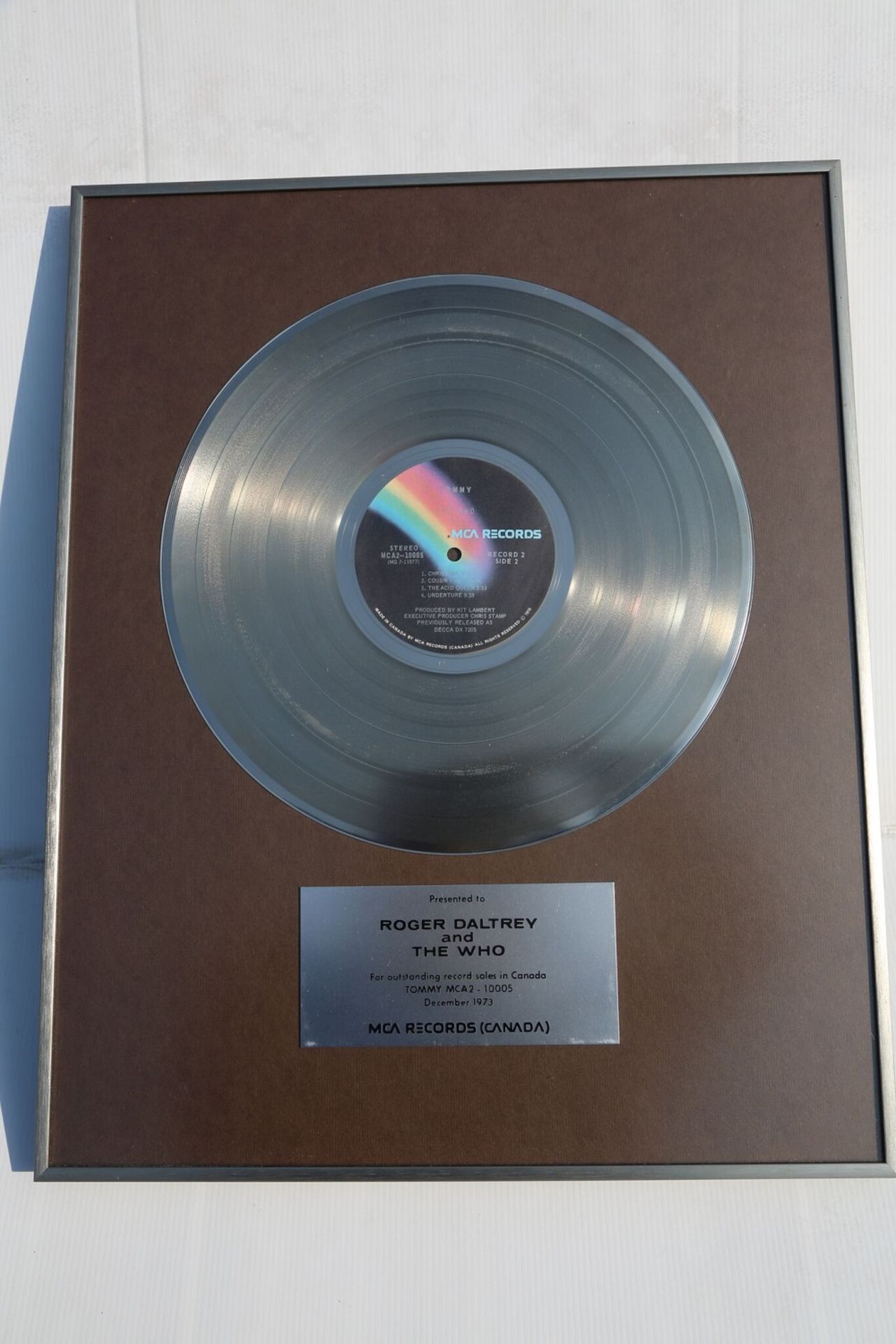 The Who: Original Presentation Platinum Disc for Legendary 1960's Rock Opera "Tommy"