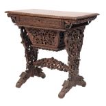 A 19th Century Indian carved rosewood rectangular work table:, the top with an egg and dart edge,