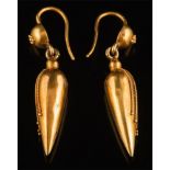A pair of Victorian gold, Etruscan style earrings: the tapering drops on domed surmounts,