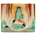 A Clarice Cliff Biarritz Forest Glen pattern plate: decorated in shades of green and orange on a