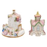 An English porcelain pastille burner in the form of an octagonal gate house and one similar: the