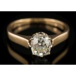 A diamond solitaire ring: the oval old brilliant-cut diamond approximately 6.3mm long x 5.