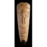 A mid 18th century French ivory tobacco/snuff rasp: carved with the figure of Mars with armorial