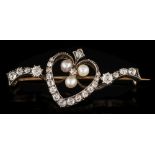 A 19th century gold, silver, diamond and pearl mounted bar brooch: with central heart-shaped motif,