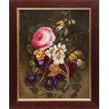 A mid 19th century English porcelain rectangular plaque: painted with a floral bouquet including a