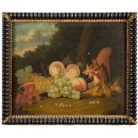 English Provincial School 19th Century- Red squirrel, hazelnuts, fruit and a basket,