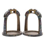 A pair of Chinese bronze and champlevé enamel stirrups: decorated with fish,
