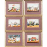 A collection of six 19th century Indian mica paintings: painted in gouache depicting processional