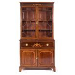 A late 19th Century mahogany inlaid and satinwood banded secretaire bookcase:,