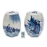 A pair of Chinese blue and white models of hexagonal garden seats: each painted with scholars and