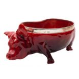 An unusual Royal Doulton flambe glazed silver-mounted pig bowl HN243: the silver mounted rim