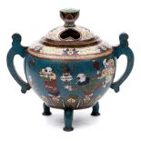 A late 19th century Chinese cloisonne censer and cover: of globular form,