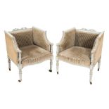 A pair of French grey painted tub-shaped chairs:,