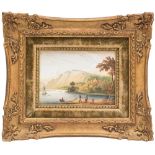 An English porcelain topographical plaque: painted with a named view of a castle by a loch with