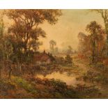 William Cox [late 19th Century] Cottages in a wooded clearing; Sunset,:- a pair,