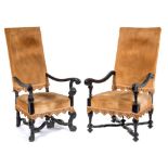 Two similar ebonised open armchairs ( NOT a pair ) in the William and Mary taste:,