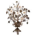 A 19th century gilt brass candelabra: of arched outline with opaque white glass flowers and gilt
