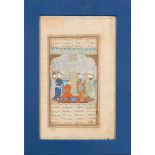 A Mughal School double sided glazed illuminated picture: depicting the presentation of a courtier,