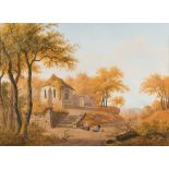Continental School 19th Century- Travellers resting by a Chapel in an upland landscape:- gouache