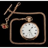 A gentleman's 9ct gold open face pocket watch: the white enamelled dial with Roman numerals and