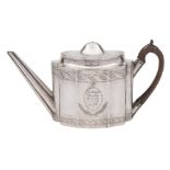 A George III silver teapot, maker John Schofield, London, 1794: inscribed, of lobed oval form,