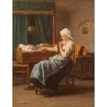 Theophile Emmanuel Du Verger [1821-1901]- Maternal Cares; mother and baby in an interior,