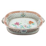 A large Chinese export famille rose basket: with pierced lattice sides and branch handles,