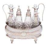 A George III silver cruet stand, maker unknown, London, 1801: of barge-shaped outline,