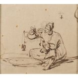 George Chinnery ]1774-1852]- A Chinese street hawker holding a hand scale; Wooden buckets and a hat,