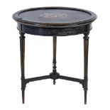 A Victorian ebonised, gilt decorated and inlaid marble circular centre table:,