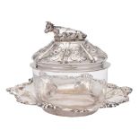 A Victorian clear glass and silver butter dish, stand and cover, maker H J LIas & Son, London,