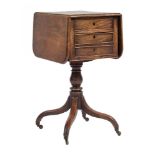 A Regency mahogany drop flap work table:, the hinged top with rounded corners and a moulded edge,