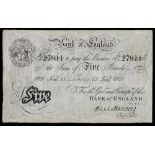 A George V Bank of England five pound banknote: issued 15th January, 1920, Chief Cashier E.M.