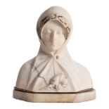 After A. Cyprien a carved alabaster bust of a maiden: wearing a hooded cloak with flower, signed A.