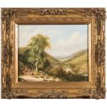 J L Roberts [19th Century]- An upland river landscape, cattle and figures in the foreground,