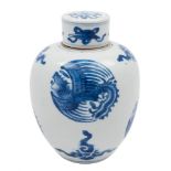 A Chinese blue and white jar and cover: of globular form with cylindrical flattened cover,