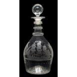 An Irish engraved glass decanter: with triple neck rings and basal comb flutes,