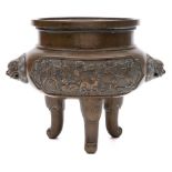 A Chinese bronze tripod censer: with buddhist lion mask handles and cast with panels of a deer,